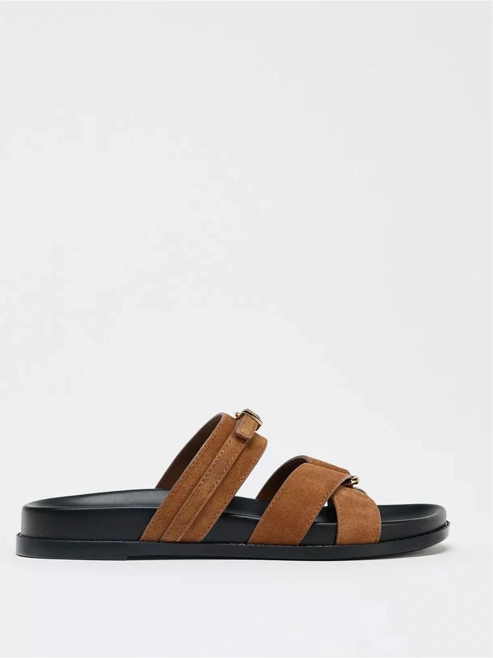 Zara Sandals Women US 7.5 Brown Leather Buckle Slide Flat Minimalist Strappy NWT - Picture 4 of 11